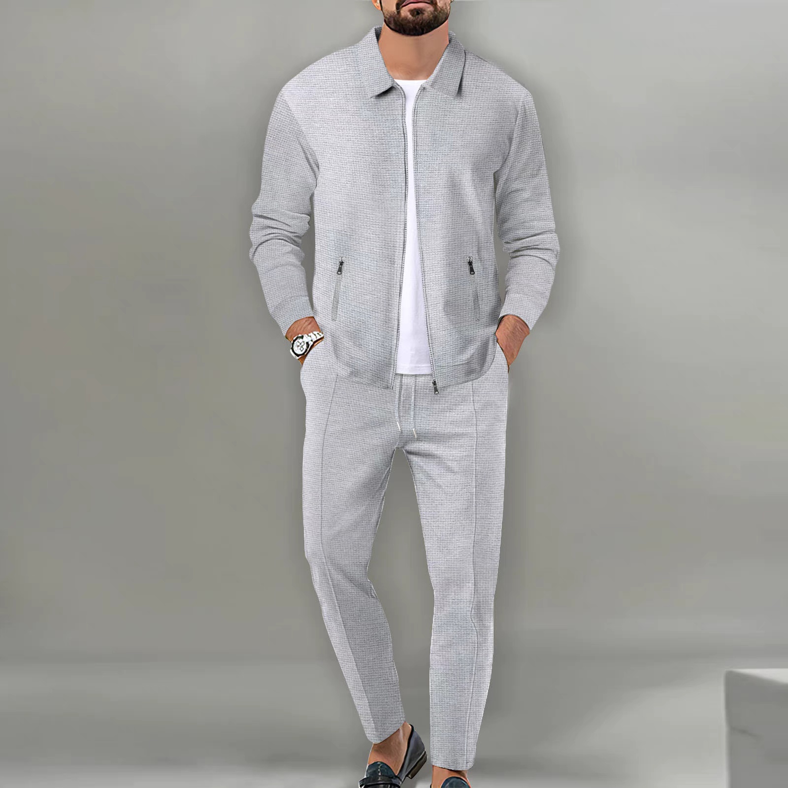Men Waffle Zip Jacket Set – Slim Fit Two-Piece Outfit