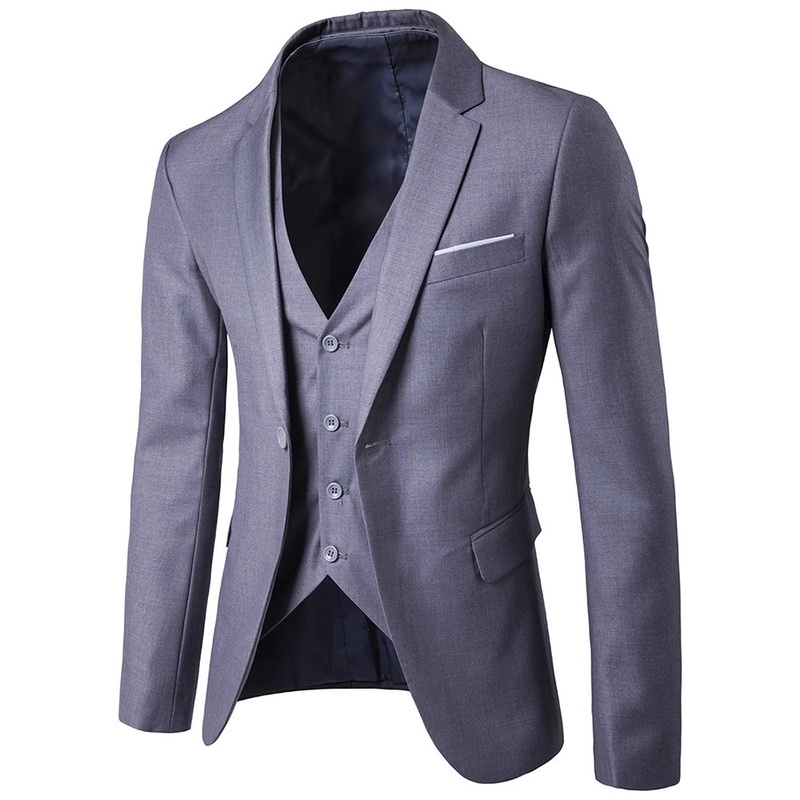 3-Piece Men’s Classic Suit Set – Blazer + Vest + Pants | Modern Grey