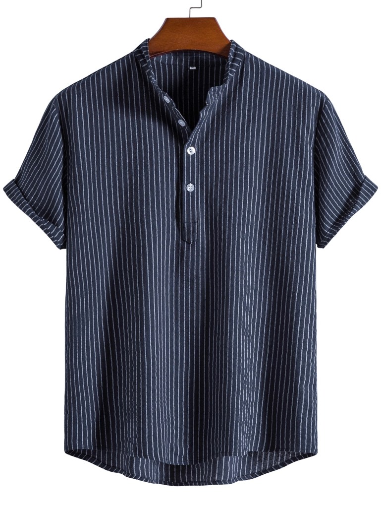 Men’s Casual Splicing Short Sleeve Shirt – Navy Blue