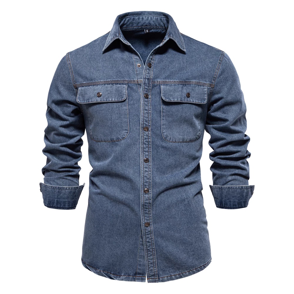 Men's Washed Denim Long-Sleeved Shirt – Dark Blue