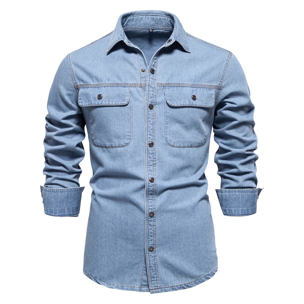 Men's Washed Denim Long-Sleeved Shirt – Light Blue