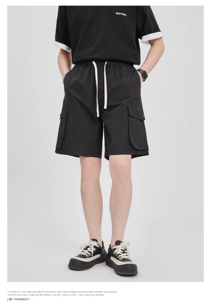 Men's Summer Casual Drawstring Cargo Shorts – Black